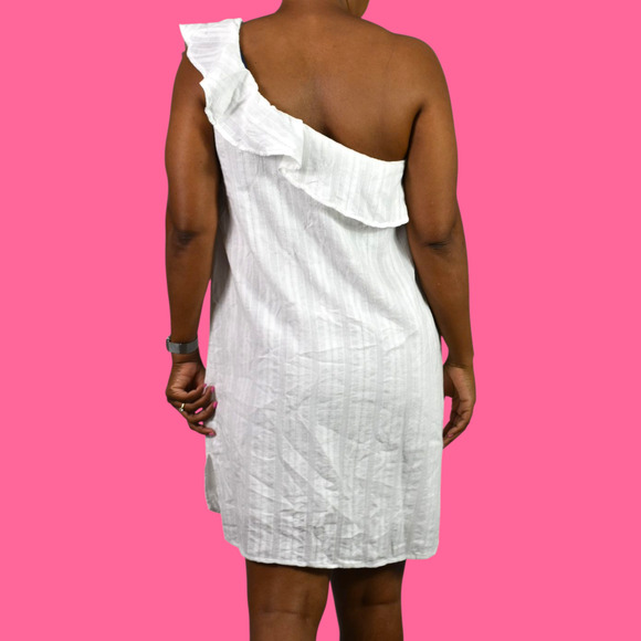Cloth Stone One Shoulder Dress White Mini Shift Ruffle Textured Cotton Medium - Picture 2 of 14